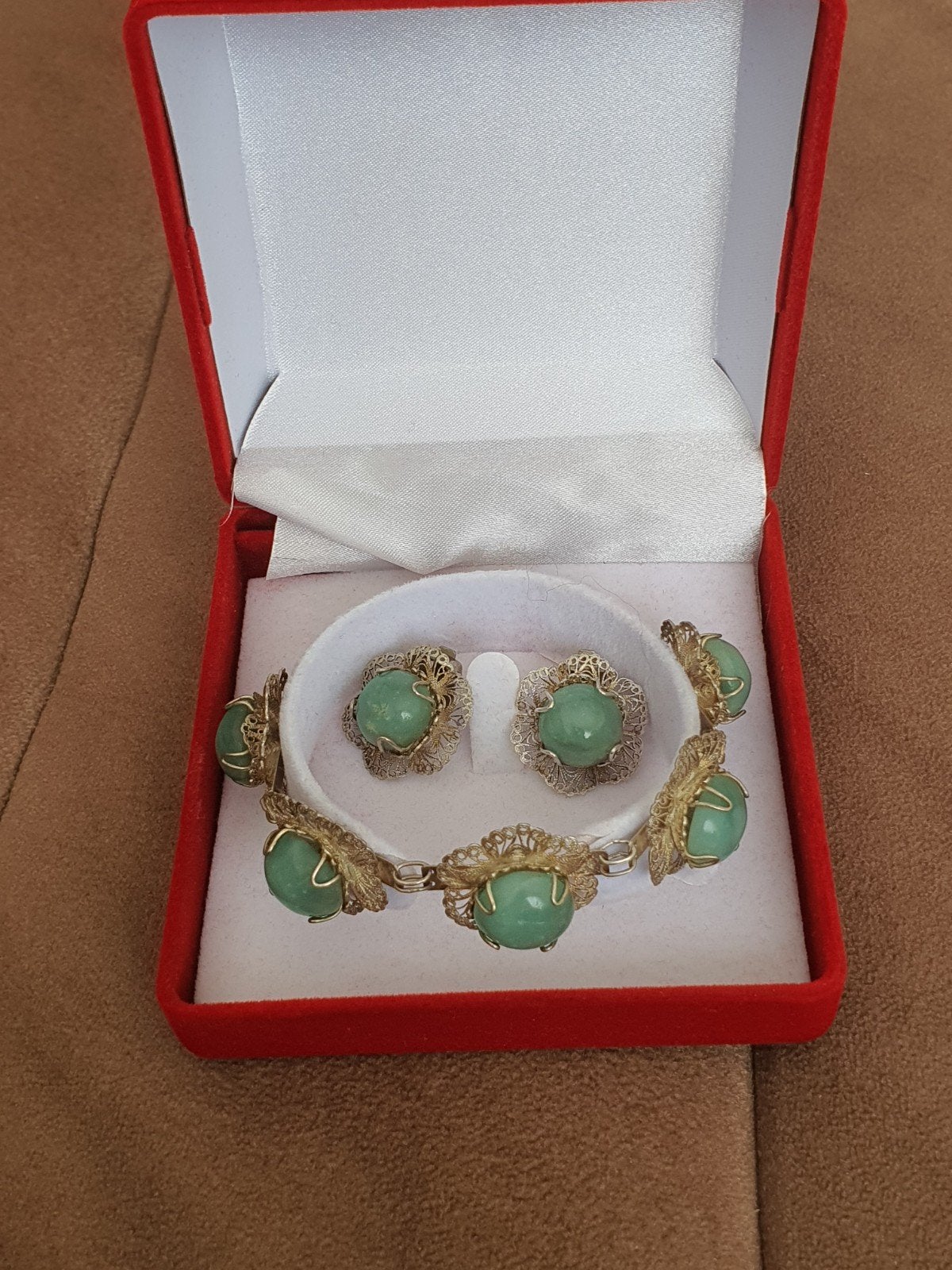 Vintage Zilveren Sieradenset (Filigrein) met Groene Stenen –, Ophalen of Verzenden, Groen, Zilver, Dame