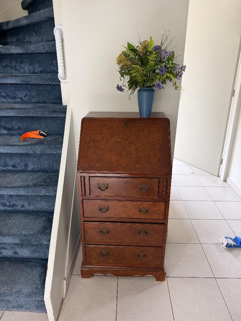 Antieke secretaire wortelhout rood leren schrijfblad, Ophalen of Verzenden, Gebruikt, Antiek