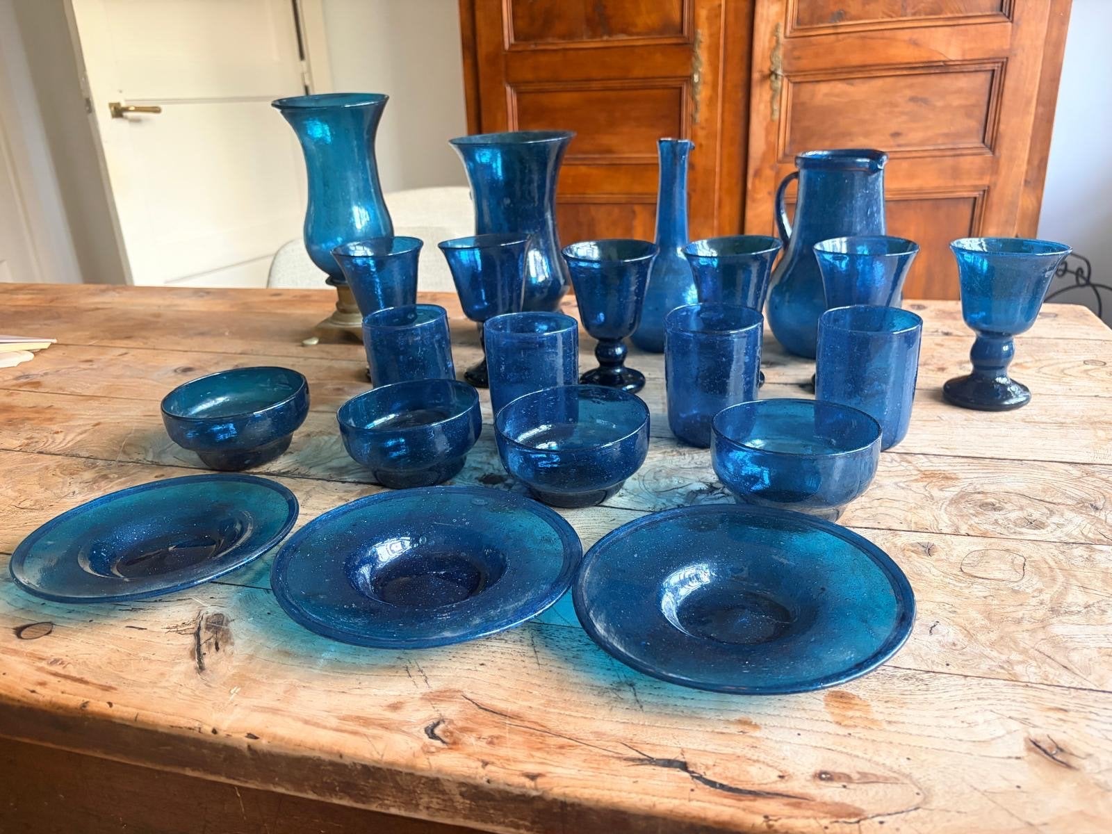Antieke Handgeblazen Glazen Set - Kobaltblauw, Ophalen of Verzenden