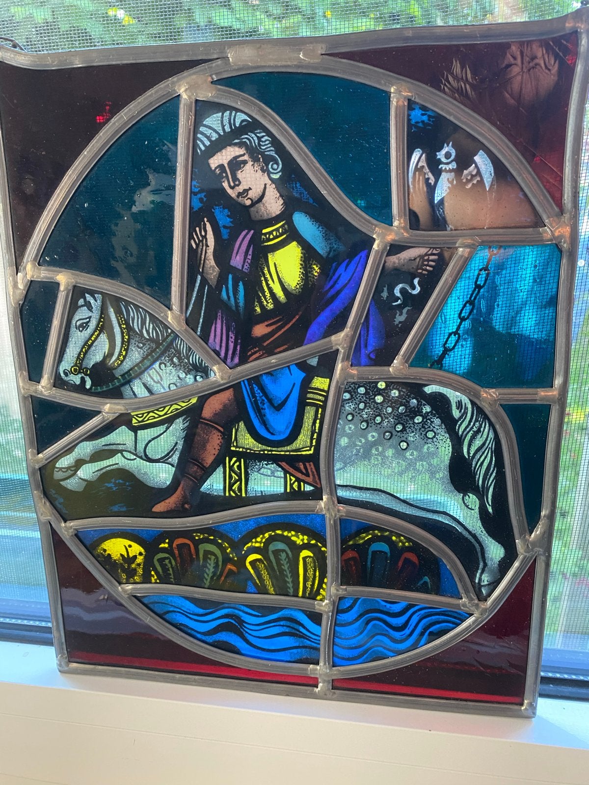 Glas in lood: St. Joris en de draak, handwerk, ca. 1960, Antiek en Kunst, Ophalen of Verzenden