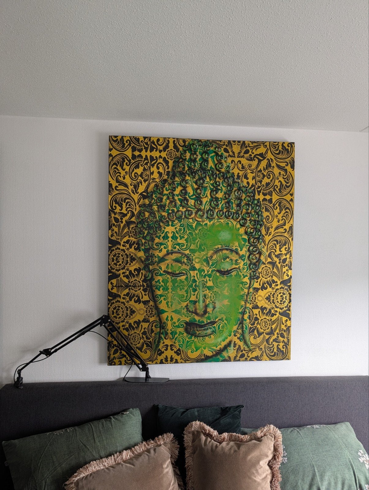 Schilderij Boeddha - Groen en Goud (100x120 cm), Ophalen