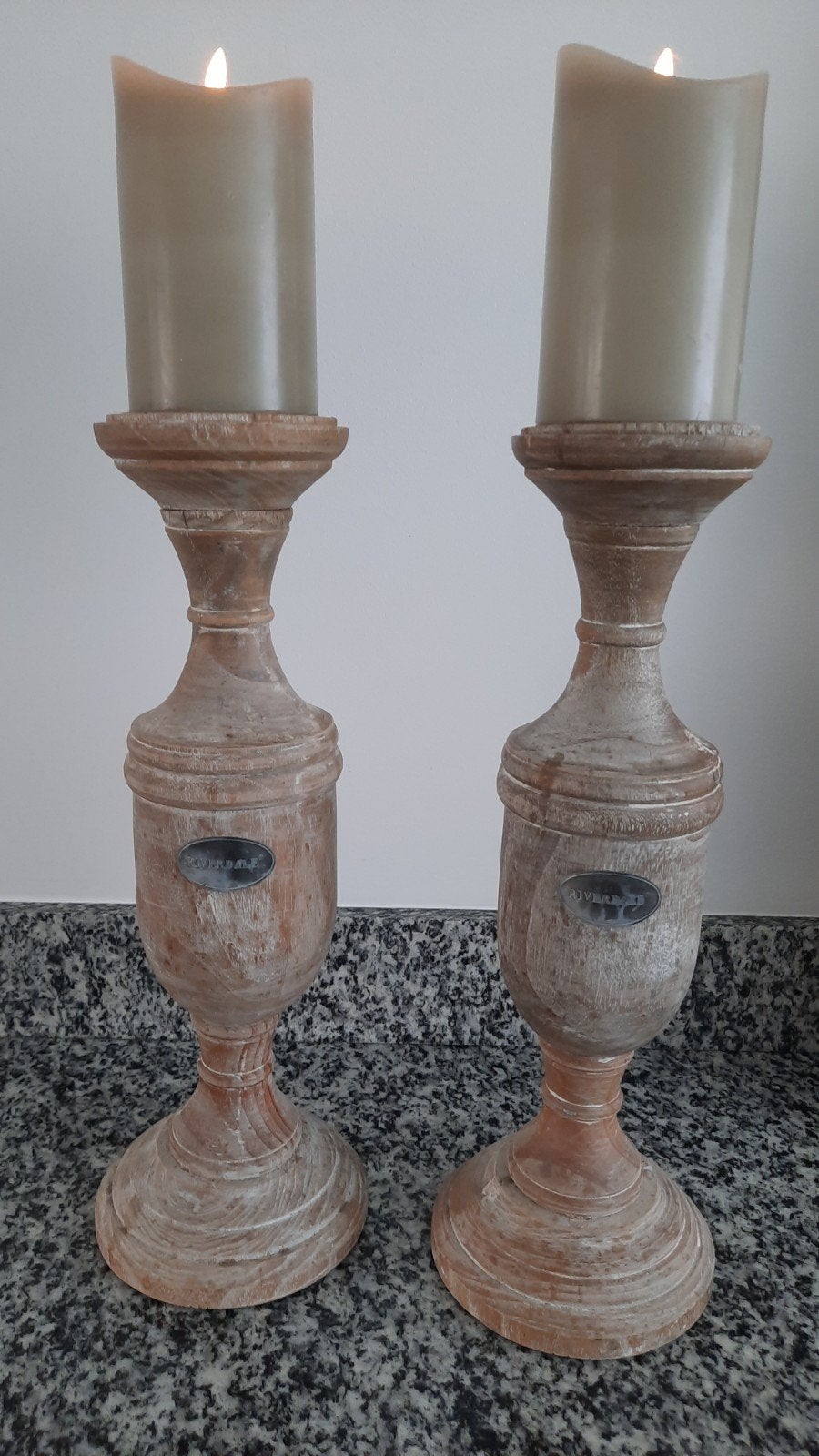 Riverdale Kandelaars Hout White Wash met LED Kaarsen, Riverdale, Beige, Ophalen of Verzenden, Zo goed als nieuw