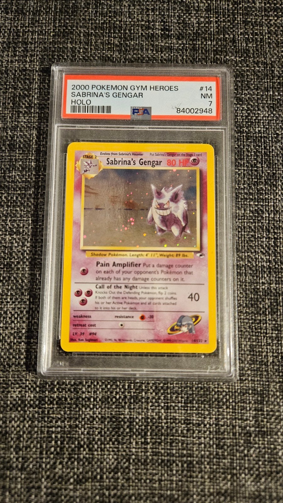 2000 Pokémon Gym Heroes Sabrina's Gengar Holo PSA 7, Hobby en Vrije tijd, Ophalen of Verzenden, Zo goed als nieuw, Losse kaart