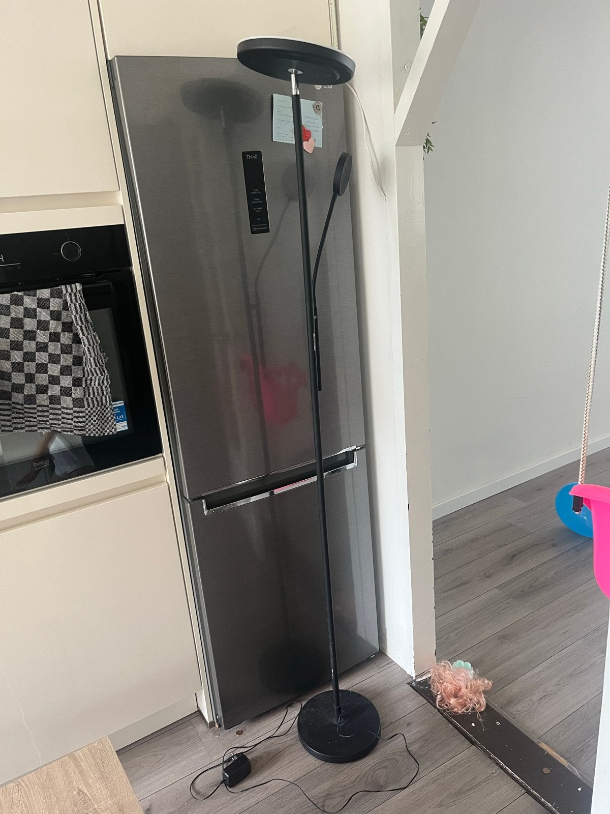 Moderne zwarte vloerlamp met leeslamp, Ophalen, Gebruikt, Overige fittingen, Metaal