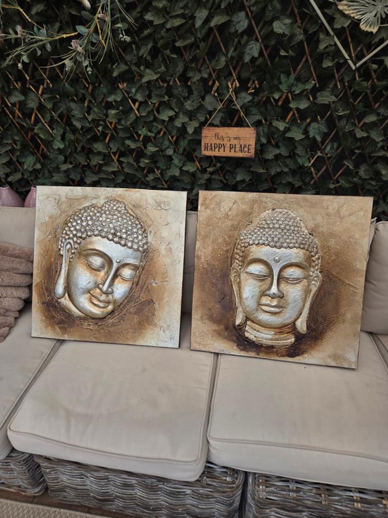 2 Boeddha schilderijen met reliëf - 55x55 cm, Antiek en Kunst, Kunst | Schilderijen | Klassiek, Ophalen