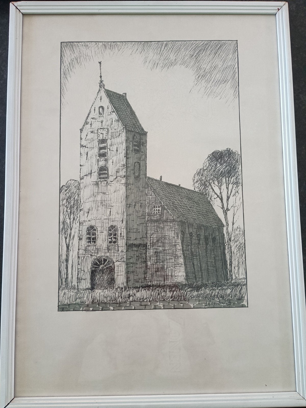 Tekening J.H. Oostendorp (kerk van Norg), Ophalen of Verzenden, Tekening, Pentekening, Ingelijst