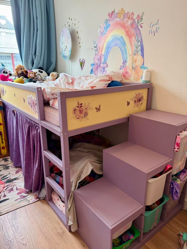 IKEA KURA HACK Compleet Meisjesbed + Trofast Trap & Gordijn, Ophalen, Zo goed als nieuw, Hoogslaper