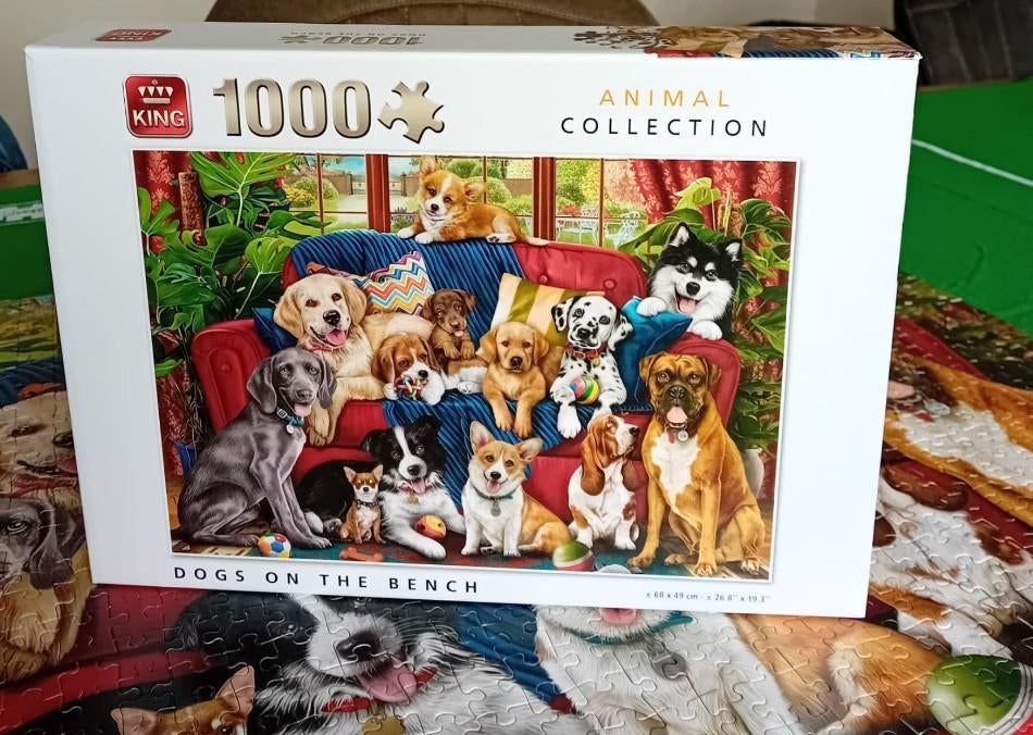 King puzzel _ Dogs on the bench - 1000 stukjes, Ophalen of Verzenden, 500 t/m 1500 stukjes, Zo goed als nieuw, Legpuzzel