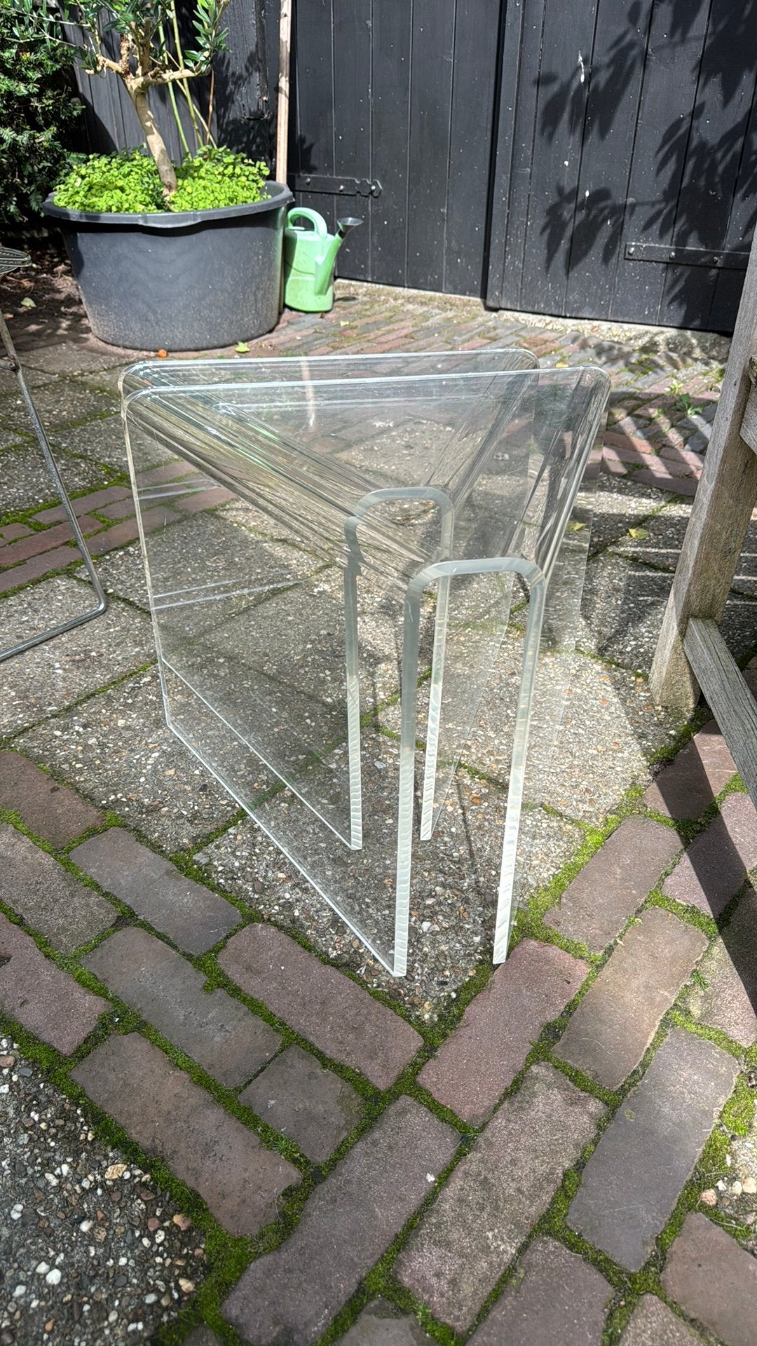 Vintage bijzet tafels plexiglas, Minder dan 55 cm, Ophalen of Verzenden, Overige vormen, Overige materialen
