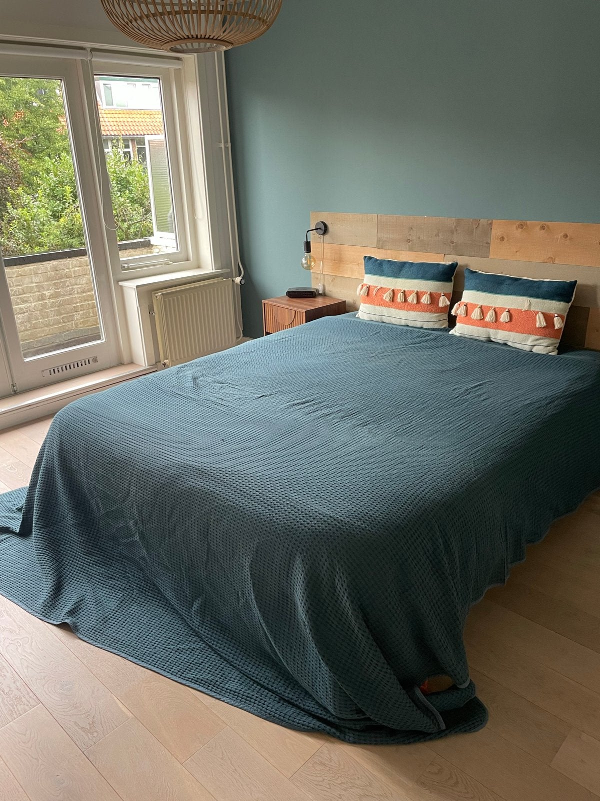 sprei/deken / plaid petrol blauw 250 x 280 cm, Blauw, Tweepersoons, Ophalen of Verzenden, Zo goed als nieuw