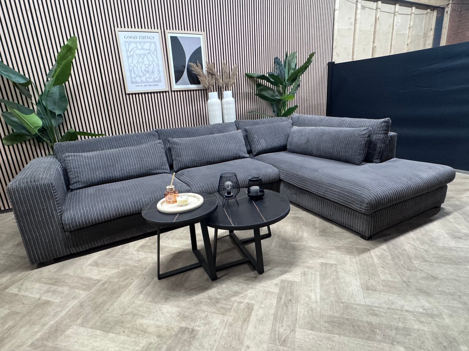 ZGAN XL Ribstof Hoekbank Loungebank - Grijs - 335 x 225, -, -, Hoekbank, 300 cm of meer