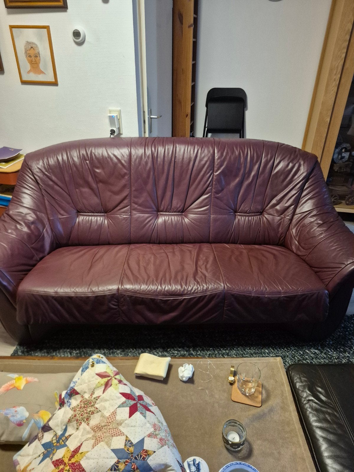 Comfortabele 3-zits leren bank - Bordeauxrood, Ophalen, Gebruikt, Klassiek, Comfortabel, Driepersoons