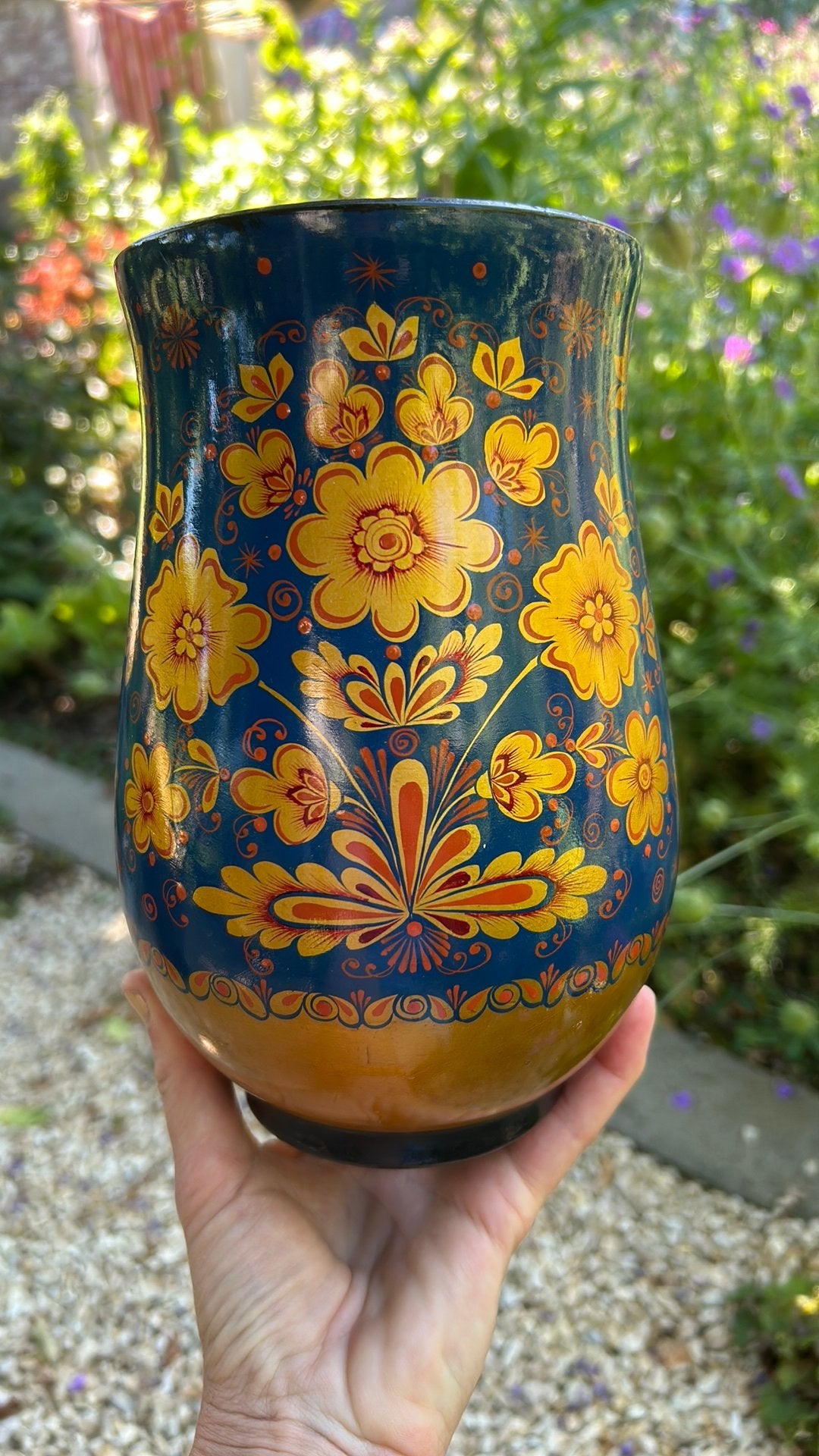 Vintage Russische houten folklore khokhloma chochloma vaas, Antiek en Kunst, Ophalen of Verzenden