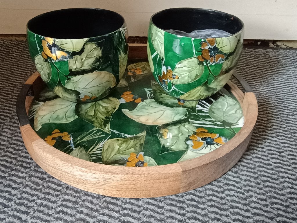 Dienblad met 2 bloempatten | Groen, met bladmotief, Ophalen, Overige materialen, Rond, Binnen