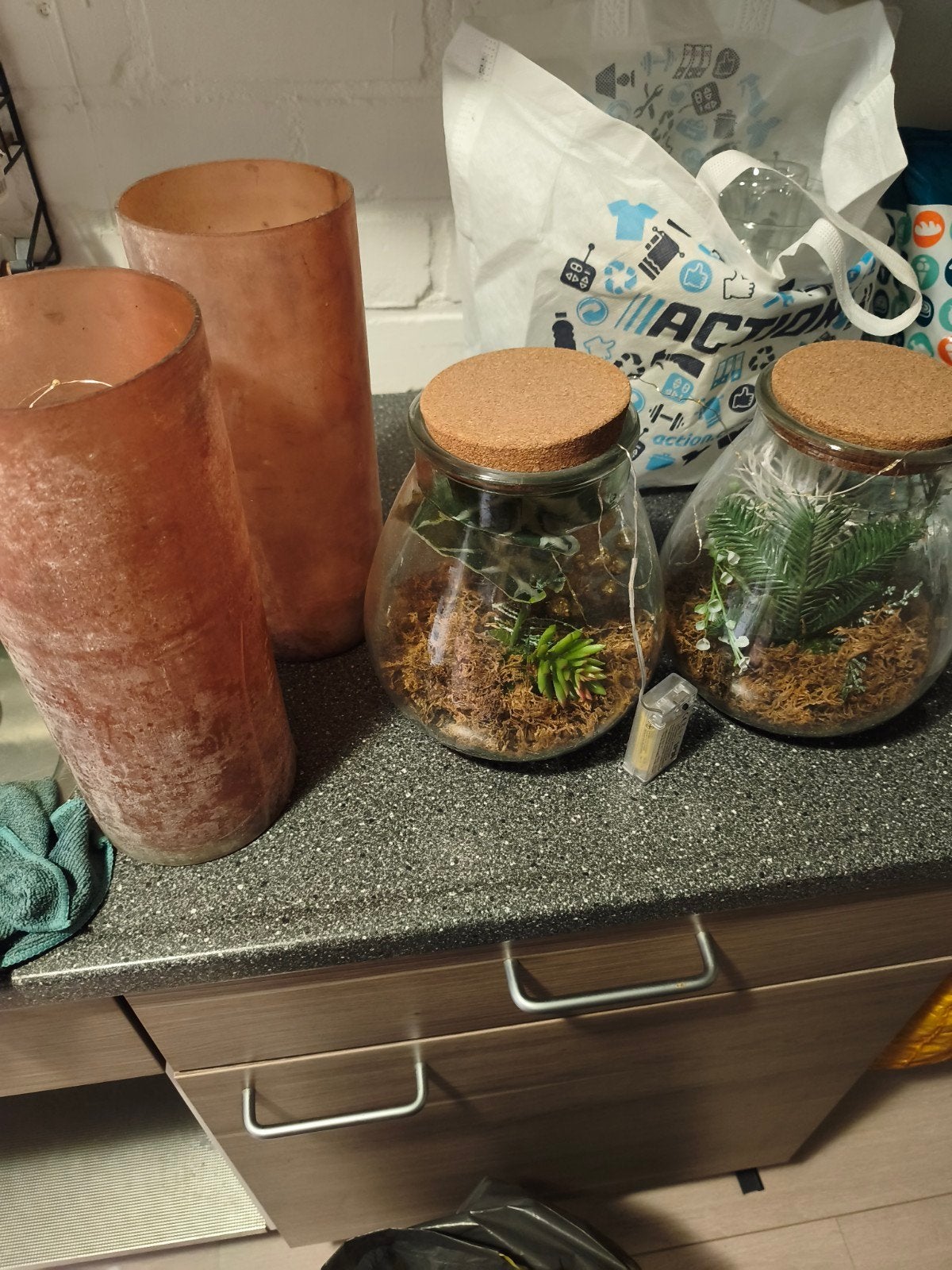 Decoratieve glazen potten met plantjes en lichtsnoer, Ophalen, Meerkleurig, Zo goed als nieuw, Modern