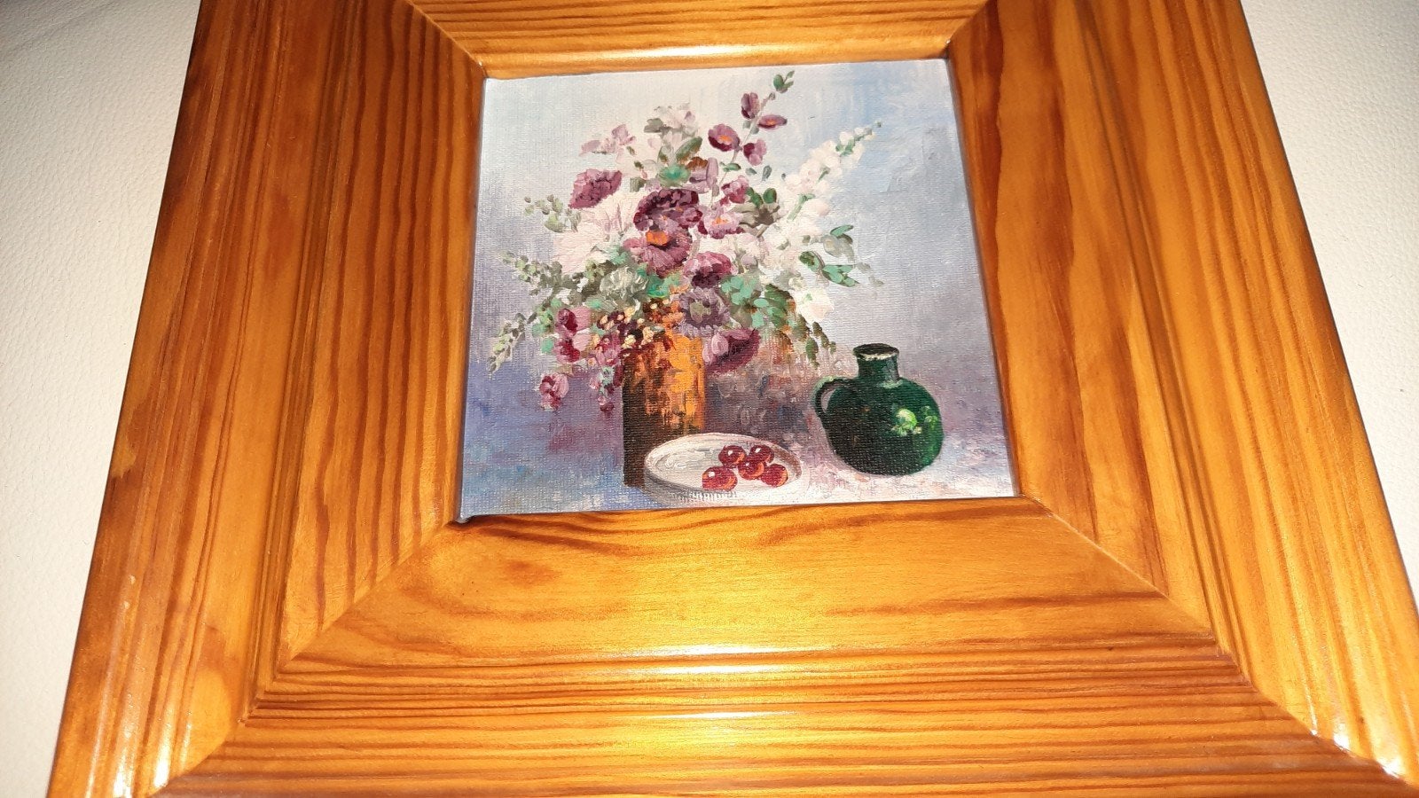 Schilderij met bloemen en stilleven in houten lijst, Bloemen, Handgeschilderd, Doek, Realistisch