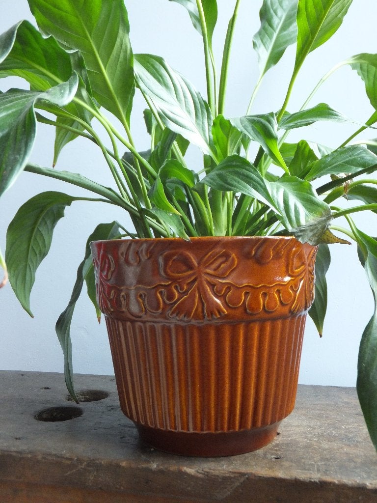 grote vintage bloempot, bruin met strik west germany bay Ø17, Ophalen, Nieuw
