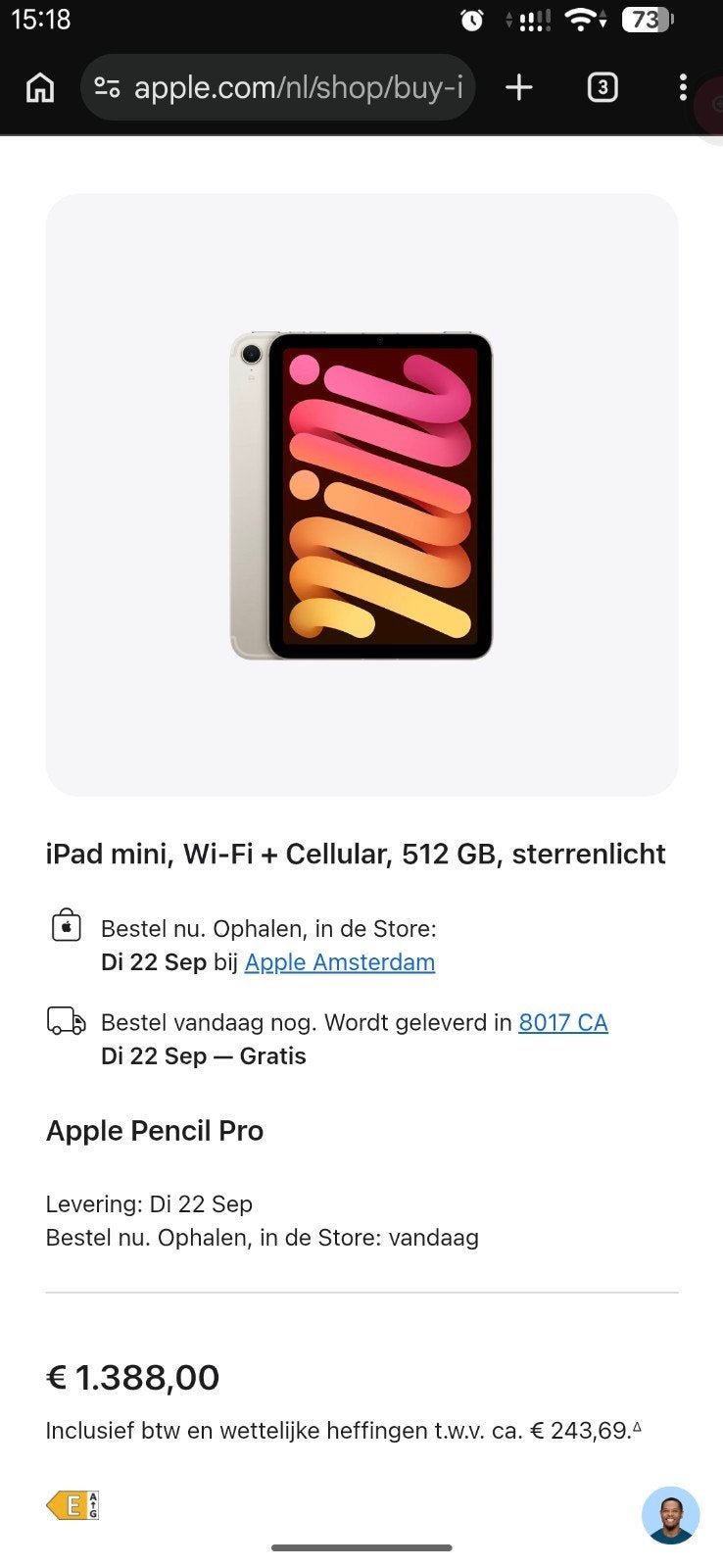 Apple iPad mini 7 - 512GB - Cellular 5G lte - Pencil Pro, Computers en Software, Ophalen, Overige kleuren, 8 inch, Zo goed als nieuw