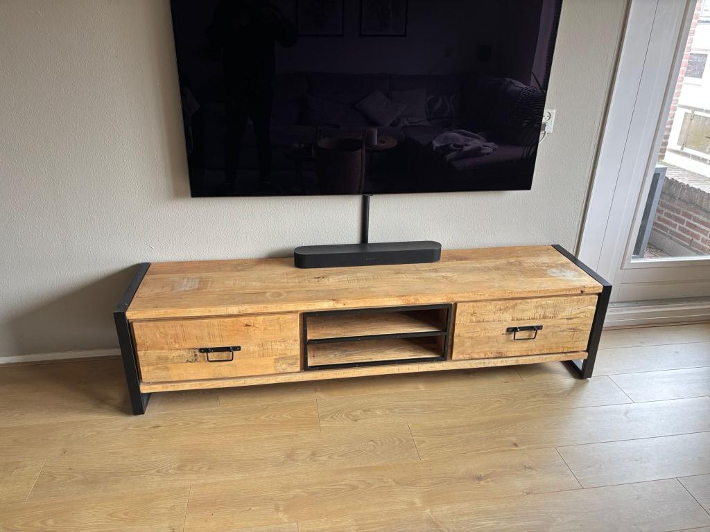 Tv-meubel van mangohout, Ophalen, Gebruikt, 150 tot 200 cm, Minder dan 100 cm