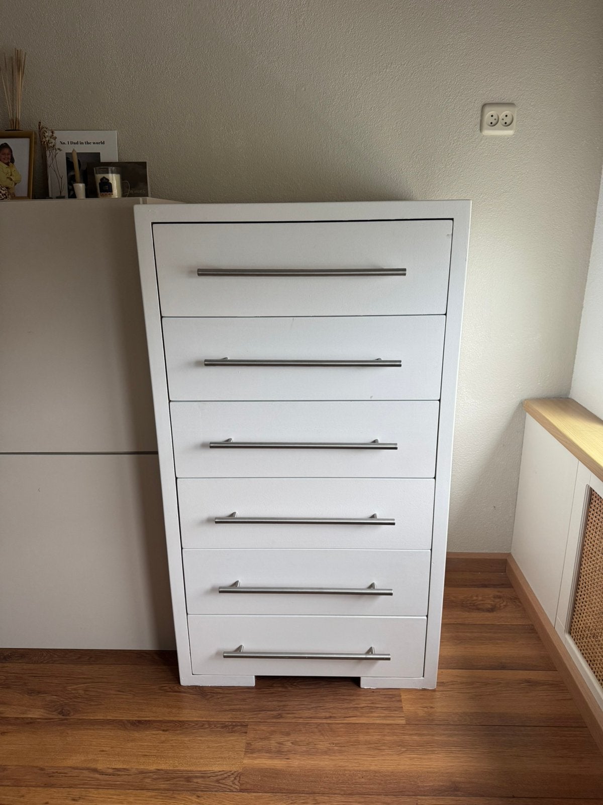 Witte houten lade kast, Ophalen, 5 laden of meer, 100 tot 150 cm, Eikenhout