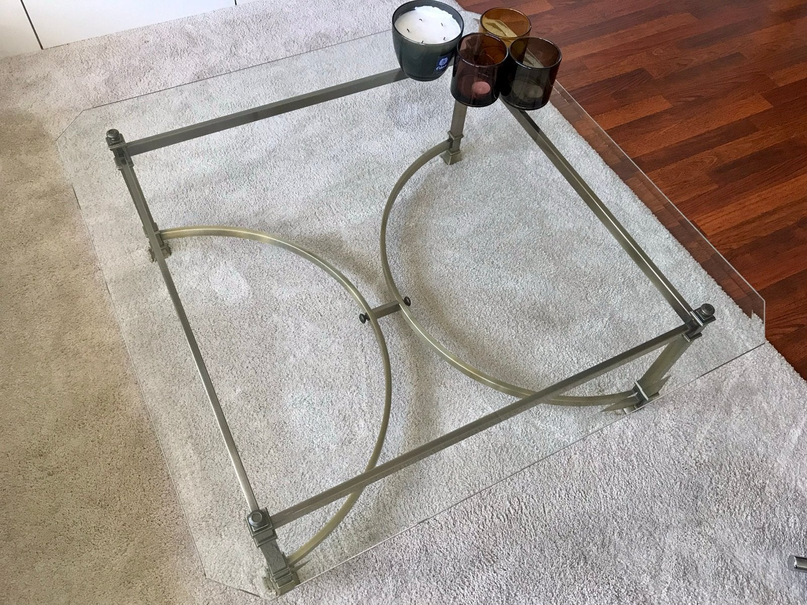 Vintage Glazen salontafel met metalen onderstel, Huis en Inrichting, Ophalen, Gebruikt, 100 tot 150 cm, Vintage