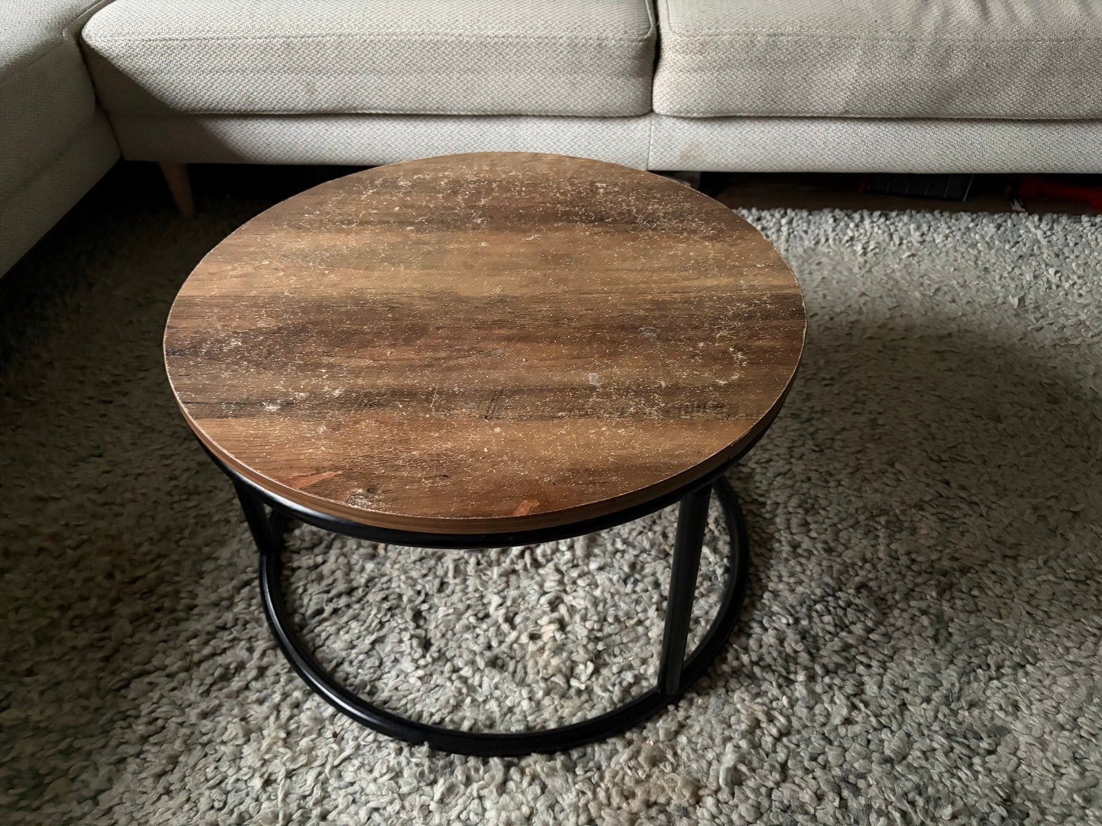 Ronde salontafel / bijzettafel - houtlook&metalen onderstel, Ophalen, Gebruikt, 50 tot 100 cm, Rond