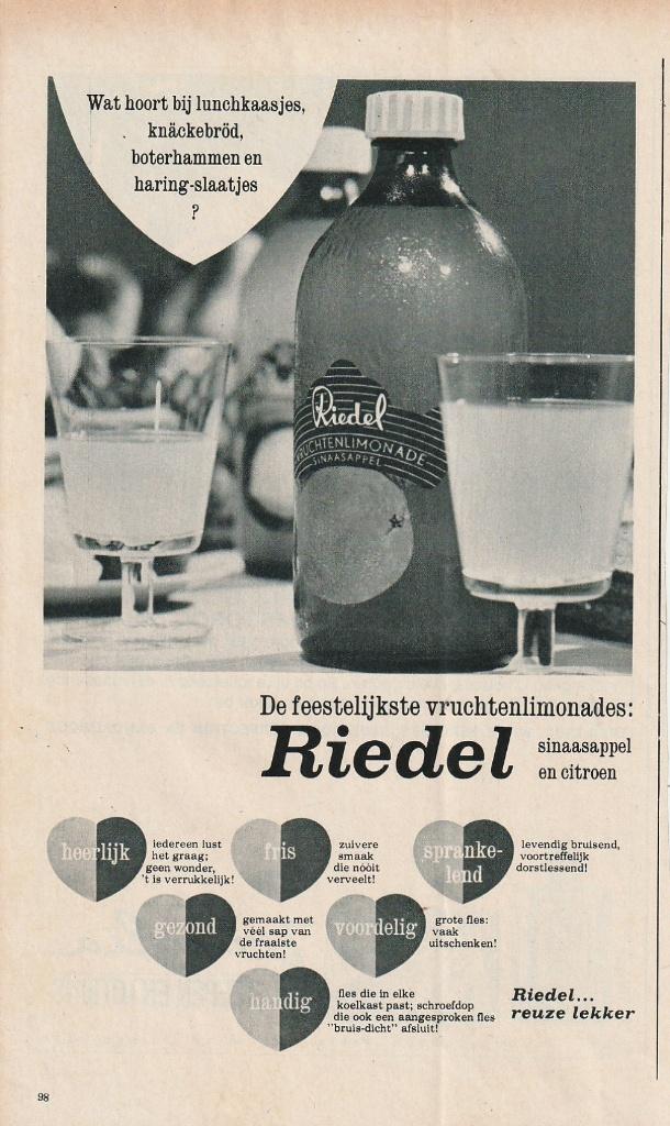 Retro reclame 1966 Riedel frisdrank limonade feestelijk, Verzamelen, Verzenden, Overige typen