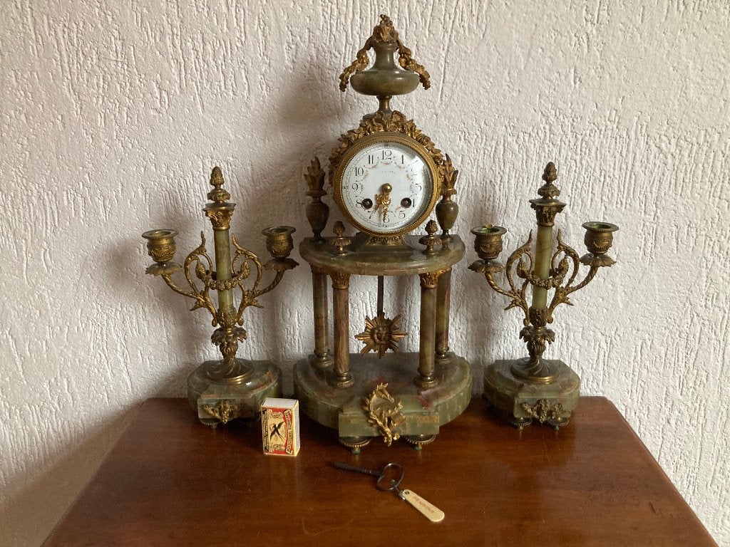 Antieke driedelige marmer bronzen penduleklok portiek klok, Antiek en Kunst, Antiek | Klokken, Ophalen of Verzenden