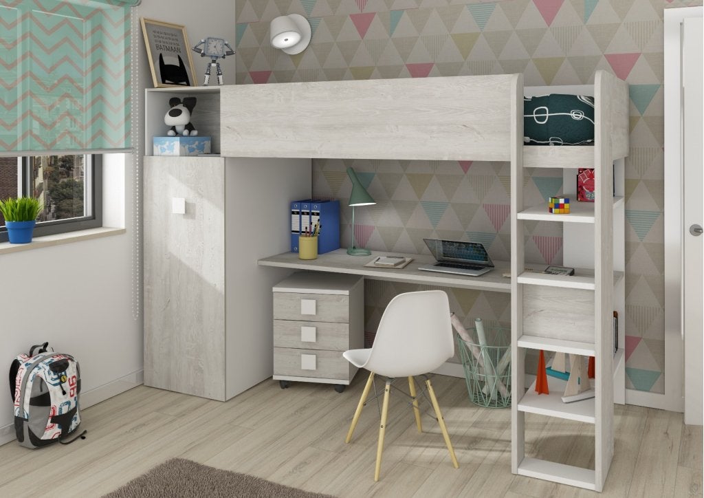 Jules hoogslaper plus met bureau en kast - 90x200 - Witgrene, Niet ingevuld, Niet ingevuld, Niet ingevuld