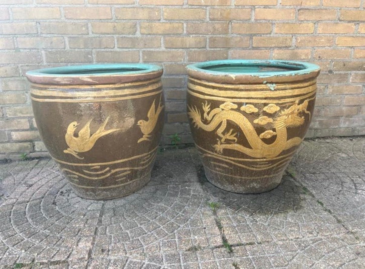 Set van twee Chinese eierpotten met draak en vogels, Ophalen, Steen, Minder dan 60 cm, Rond