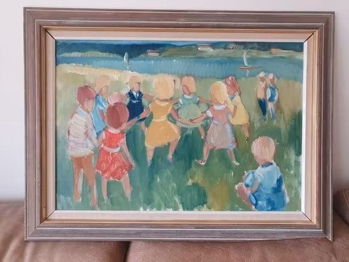prachtig schilderij spelende kinderen bij een meer ongesign., Antiek en Kunst, Kunst | Schilderijen | Klassiek, Ophalen
