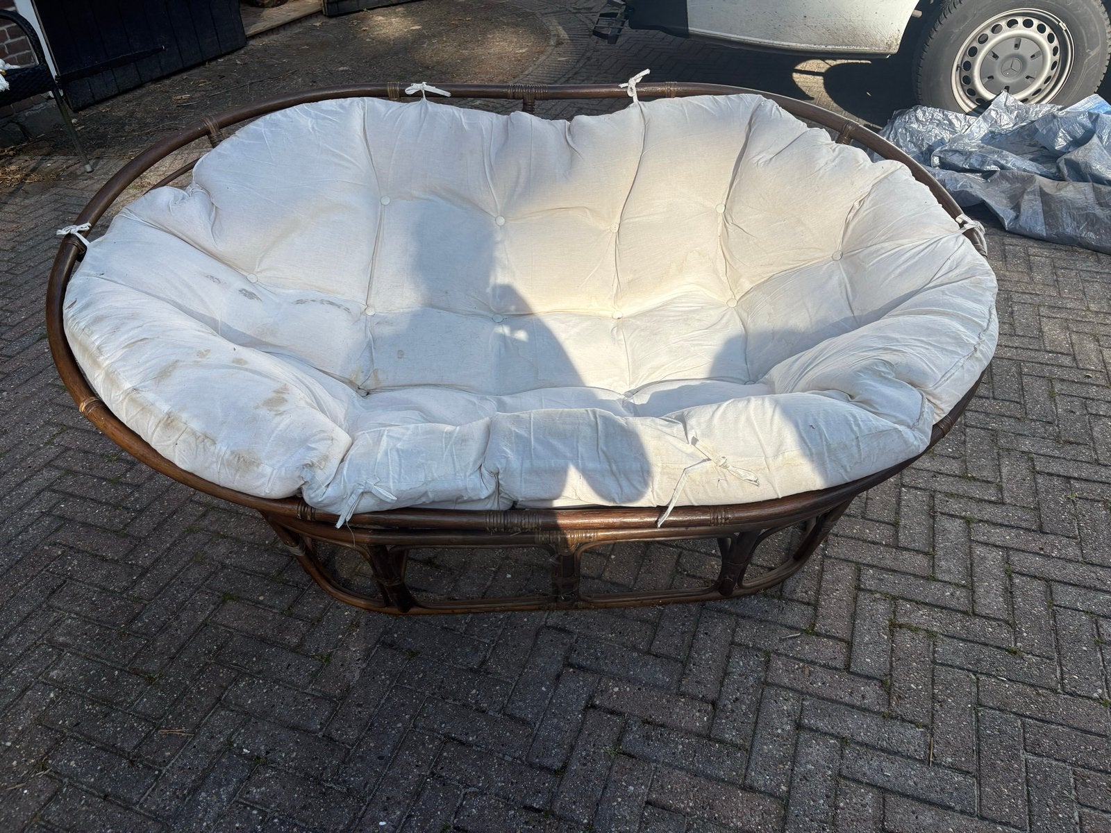 Rotan Papasan stoel met kussen, Huis en Inrichting, Stoelen, Ophalen, Gebruikt, Bruin, Riet of Rotan