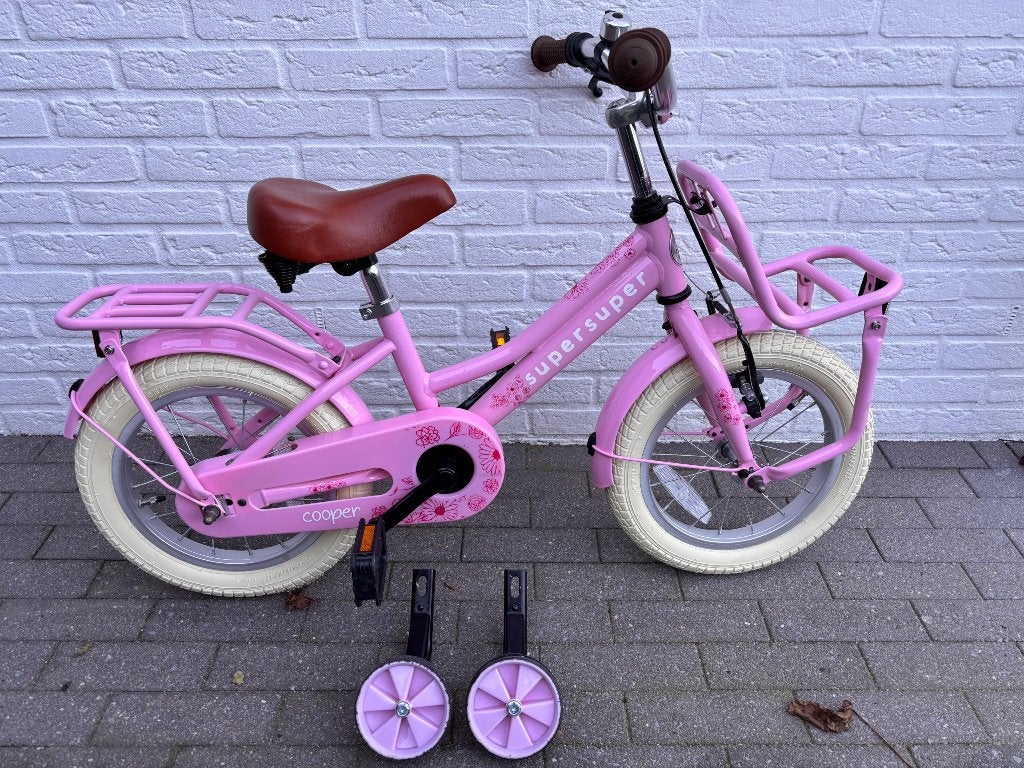 Meisjesfiets 14 inch roze, Fietsen en Brommers, Terugtraprem, Zijwieltjes, Gebruikt, Minder dan 16 inch