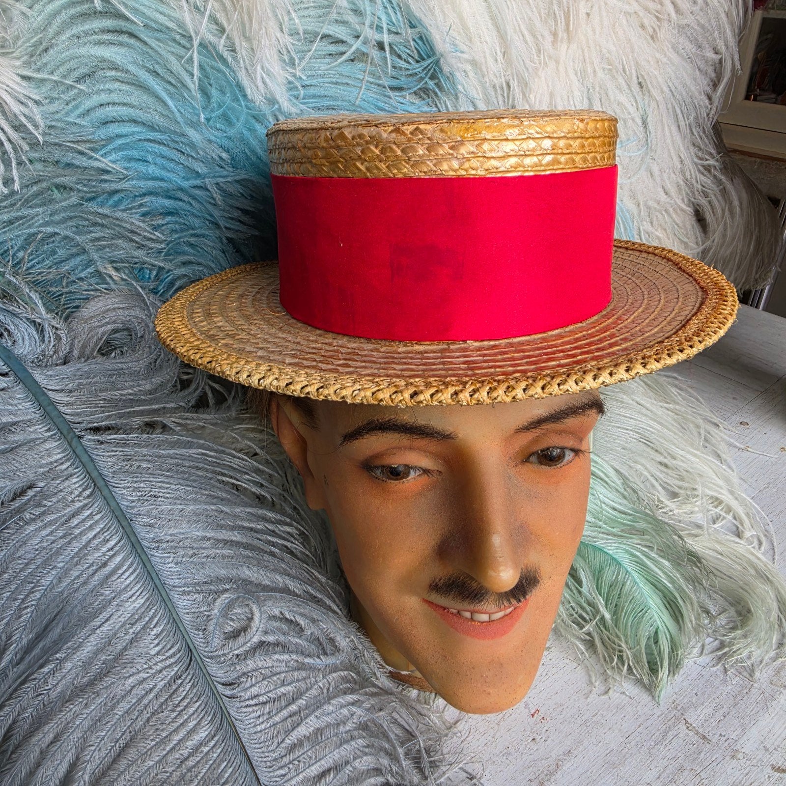 antieke canotier theater hoed strohoed hoofd mannequin, Antiek en Kunst, Ophalen of Verzenden