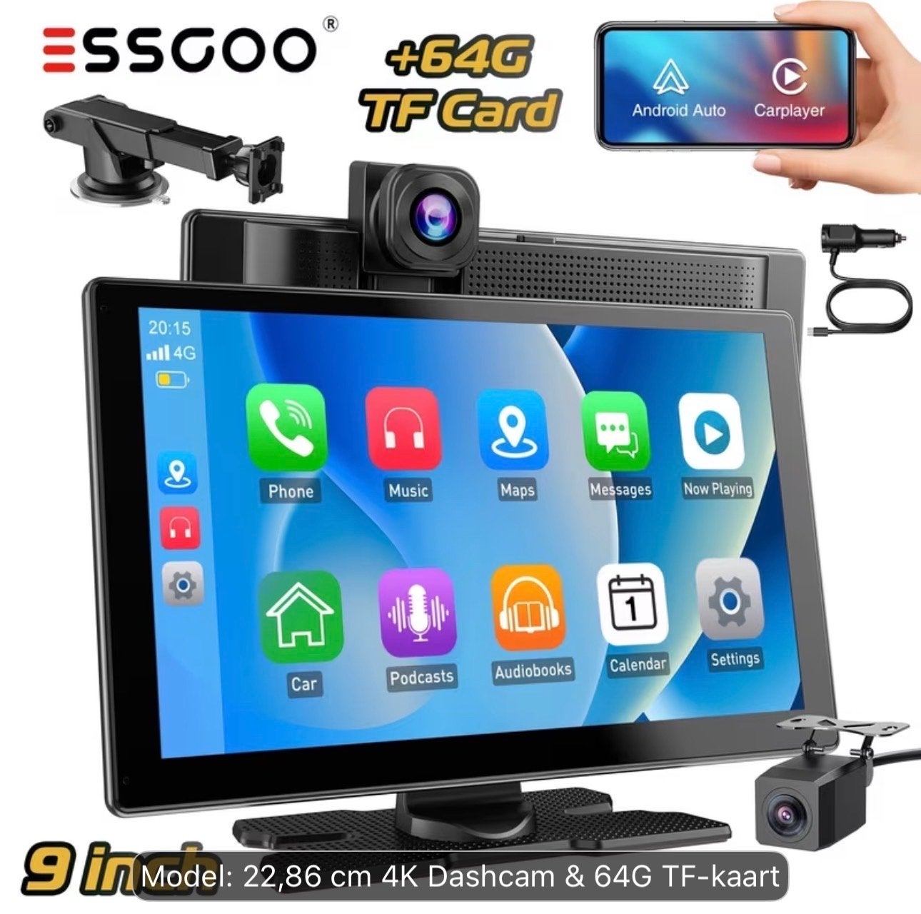 9 inch 4K Dashcam met Android Auto & CarPlay + 64GB TF, Auto diversen, Dashcams, Ophalen, Nieuw