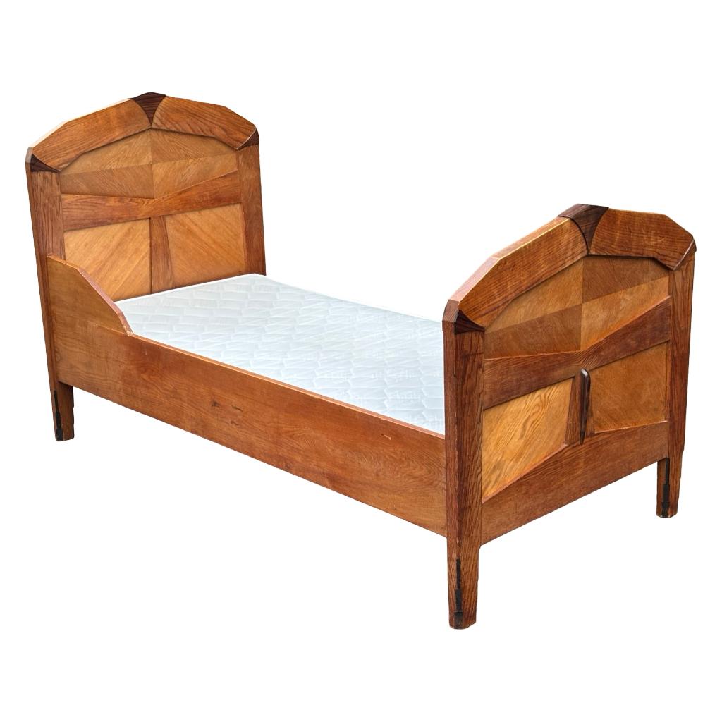 Art Deco Amsterdamse School Bed Ledikant eiken 1920 design, Ophalen, Gebruikt, Eenpersoons, Art Deco bed
