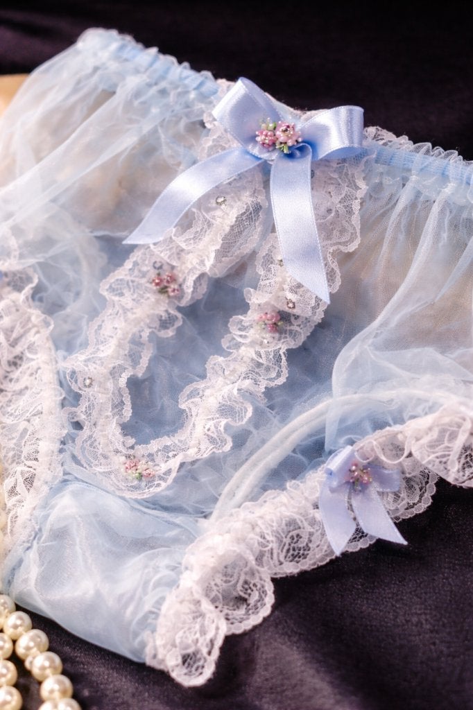 Baby Blue Sheer nylon Lace Panties – Ruffled Lingerie 42/44, Handmade, Verzenden, Blauw, Slip