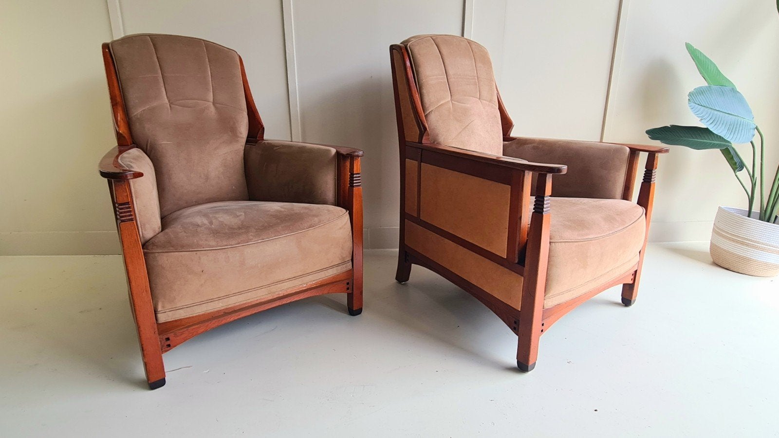 Set Schuitema fauteuils in Jugendstil, nubuck leer, Huis en Inrichting, Fauteuils, Gebruikt, Ophalen of Verzenden, 75 tot 100 cm