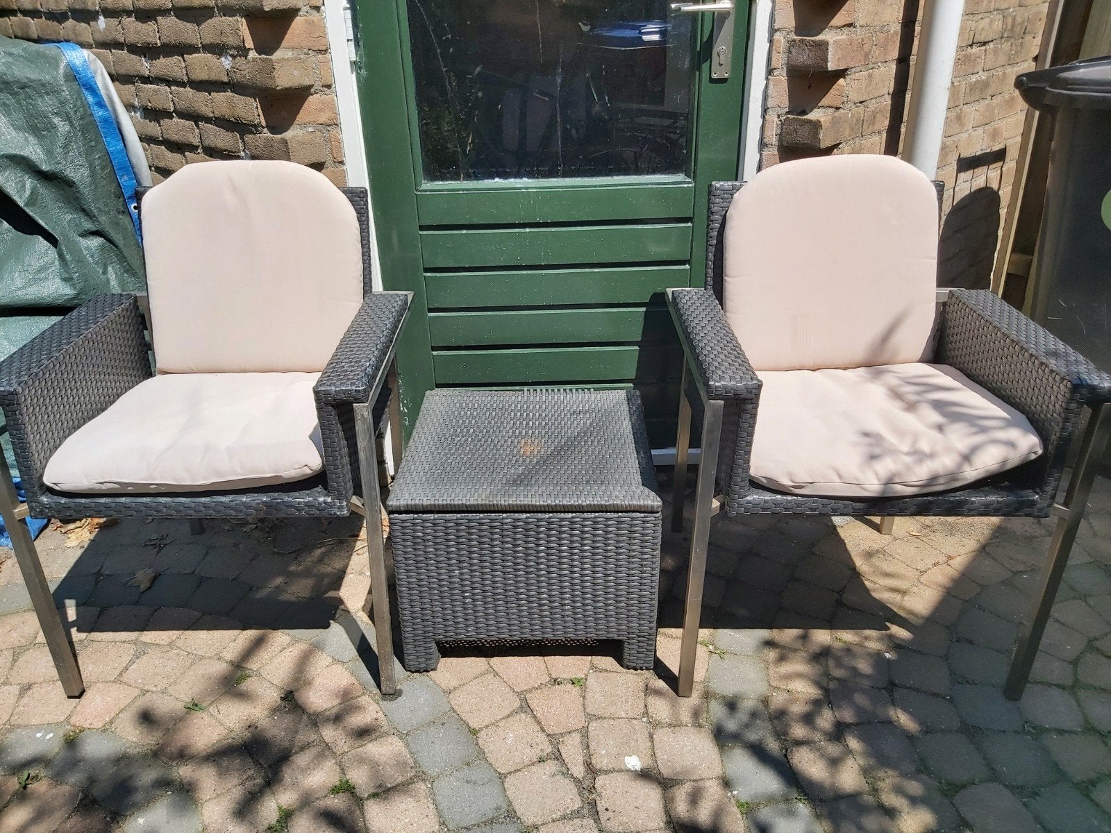 Wicker tuinset 2 stoelen, bijzettafel met Life, Tuin en Terras, Tuinsets en Loungesets, Gebruikt, Bijzettafel, Wicker, Tuinset