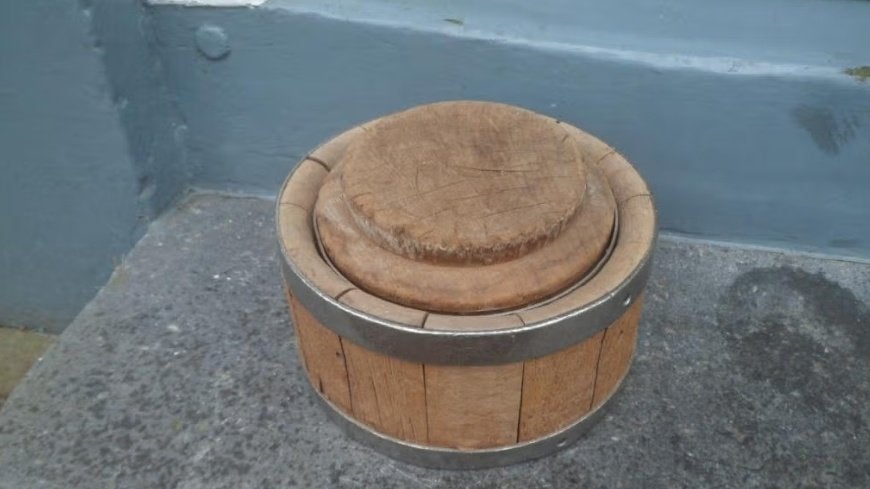 Originele houten kaaskuip kaasvat kaasvorm compleet teak rvs, Ophalen of Verzenden