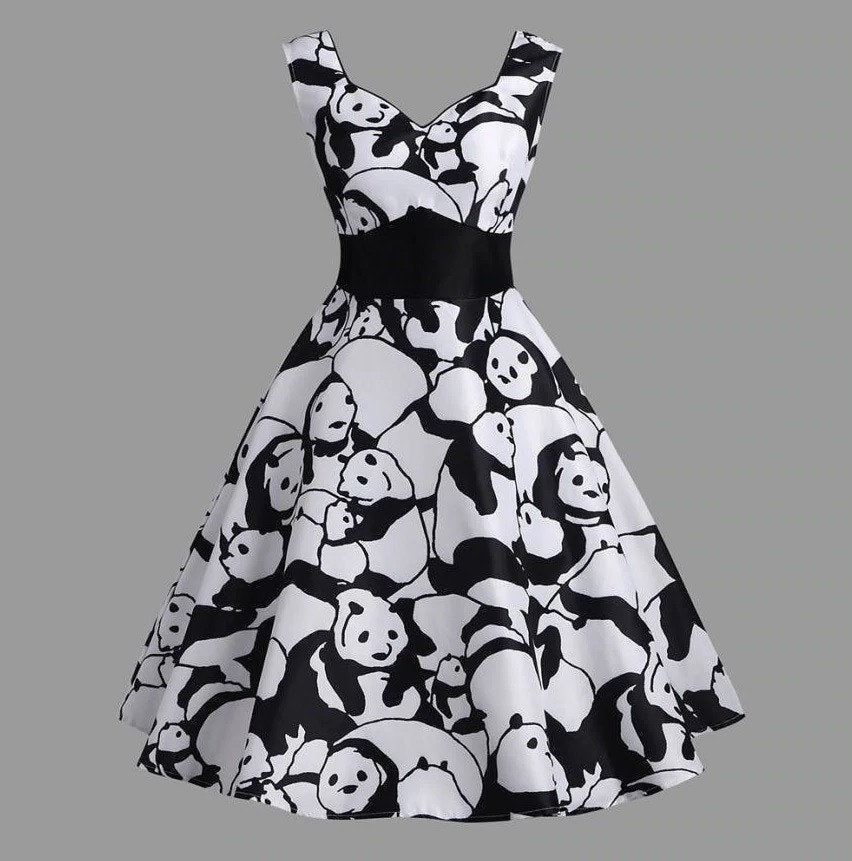 Zwarte witte panda jurk vintage jurkje 34 36 38 40 42 44, Maat 38/40 (M), Nieuw, Knielengte, Meerkleurig