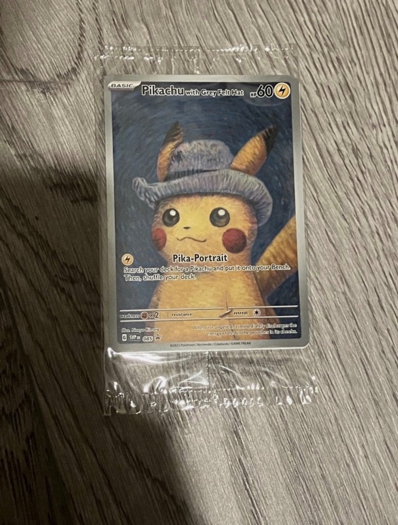 Pikachu van Gogh / Pikachu with grey felt hat, Ophalen of Verzenden, Nieuw, Losse kaart, Foil