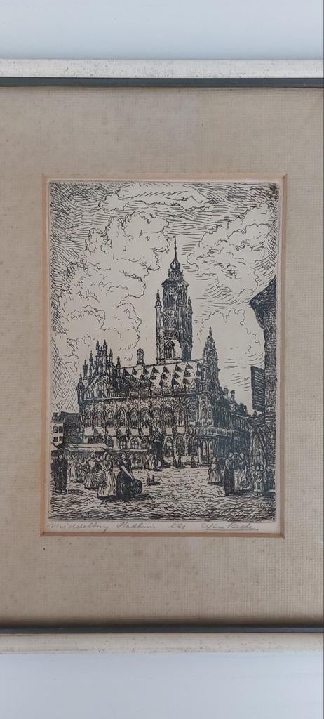 Stadhuis Middelburg - Wim Beeke, Antiek en Kunst, Kunst | Etsen en Gravures, 18 cm, Ets, Stadsgezicht, Ophalen of Verzenden
