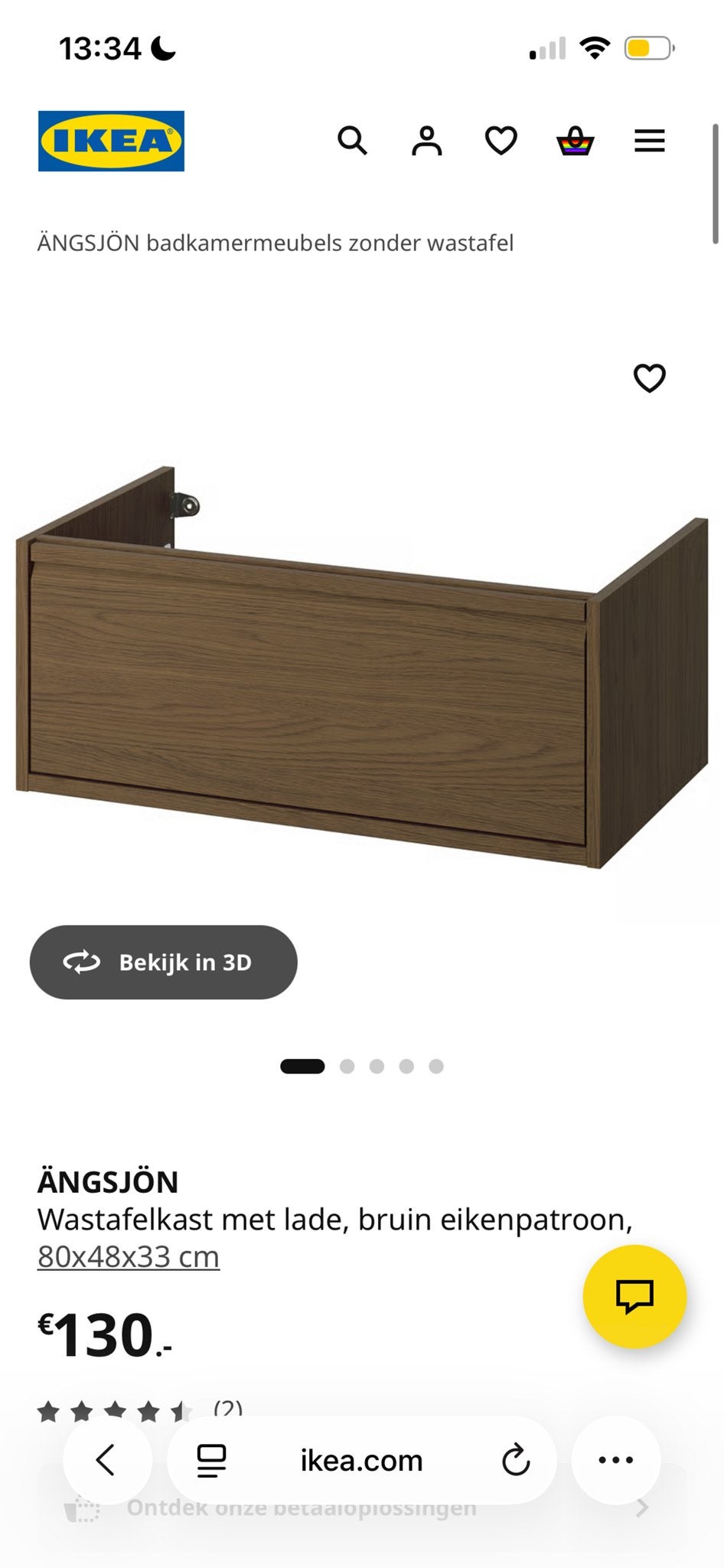IKEA ÅNGSJÖN wastafelkast met lade, bruin eikenpatroon, Ophalen, Nieuw, 50 tot 100 cm, Minder dan 100 cm