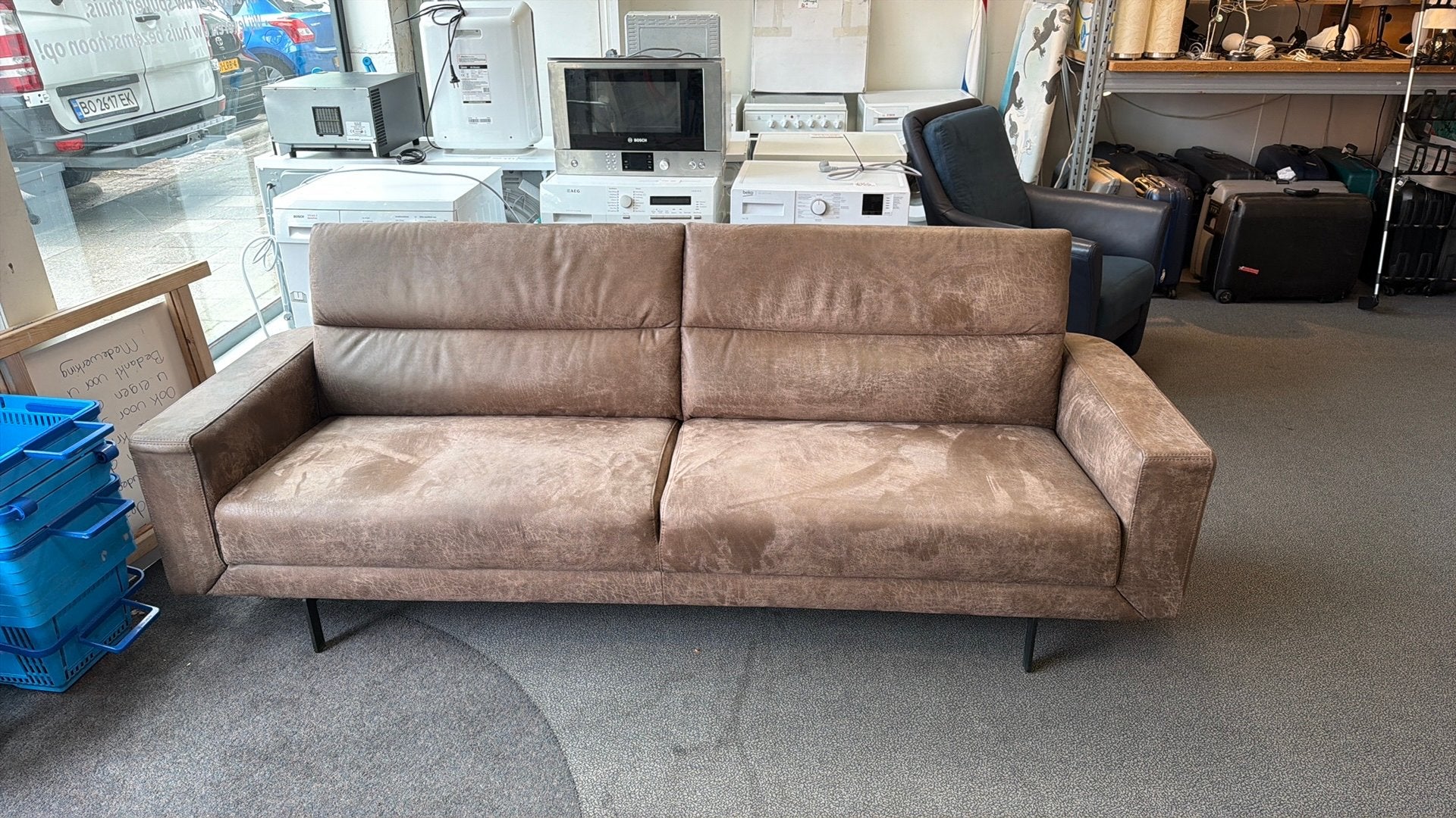 Prominent bank 3-zits beige/taupe – luxe stoffen bank 2m+, Ophalen, 75 tot 100 cm, Zo goed als nieuw, Rechte bank