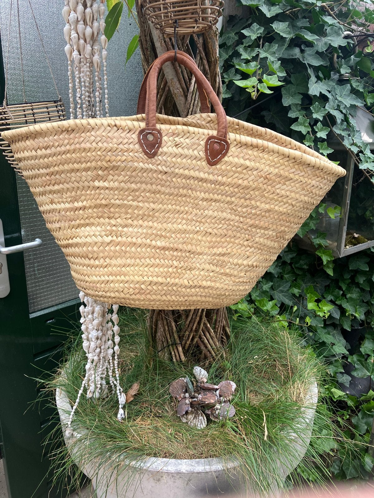 Stro shopper met leren hengsels, Ophalen of Verzenden, Nieuw, Beige, Shopper