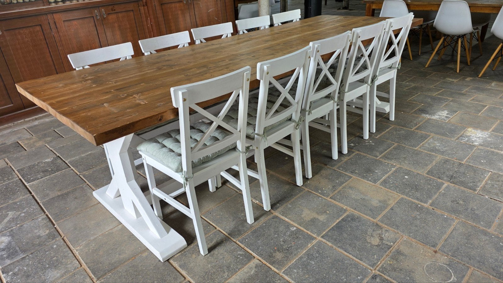 280 cm lange tafel + 10 stoelen cottagestijl super mooie set, Huis en Inrichting, Ophalen, Gebruikt, 200 cm of meer, 50 tot 100 cm