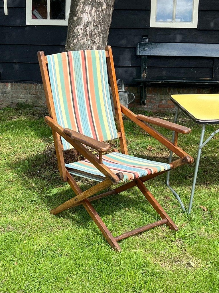 Vintage tuinstoel, jaren 50 strandstoel, Tuin en Terras, Tuinstoelen, Ophalen, Gebruikt, Hout, Inklapbaar