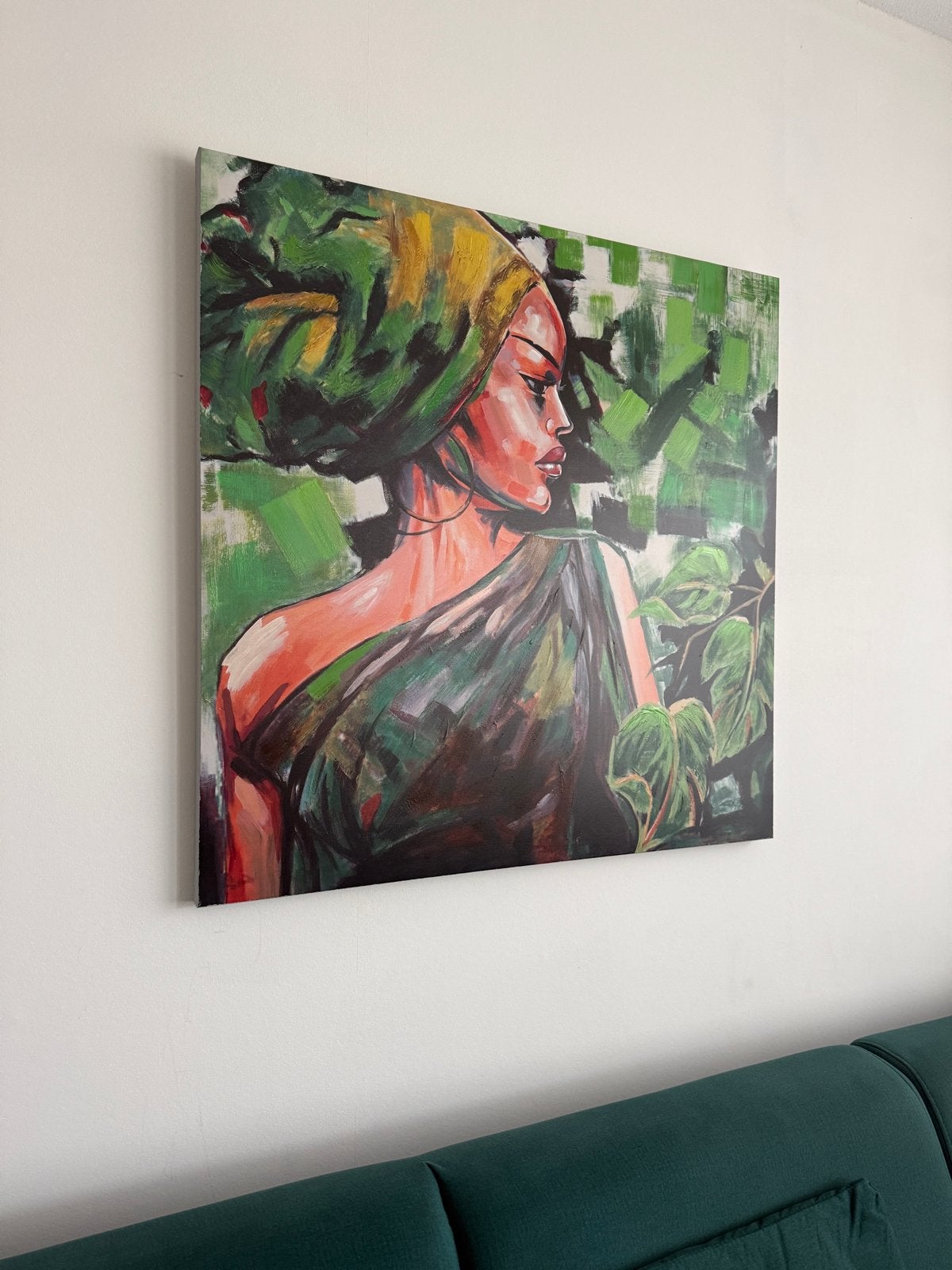 Schilderij Vrouw in groentinten 100x100cm, Ophalen of Verzenden