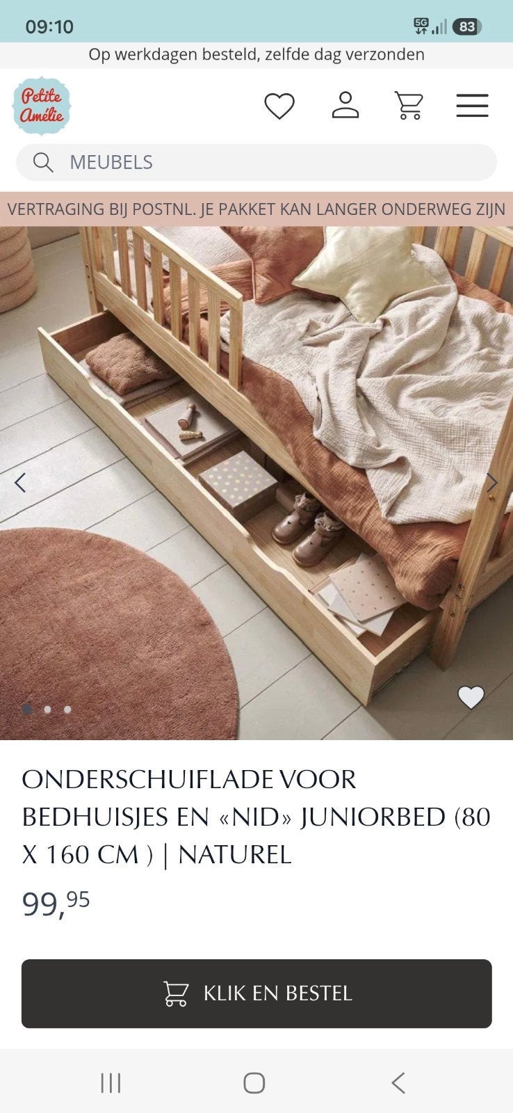 Petite Amelie onderschuiflade, Ophalen, Eenpersoons, Bruin, Zo goed als nieuw